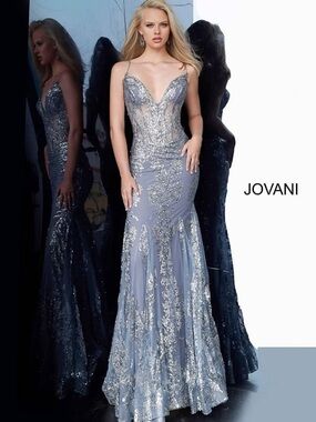 Jovani 3675 Sequined Mermaid Corset Bodice Dress in Ink Size 10 NWT